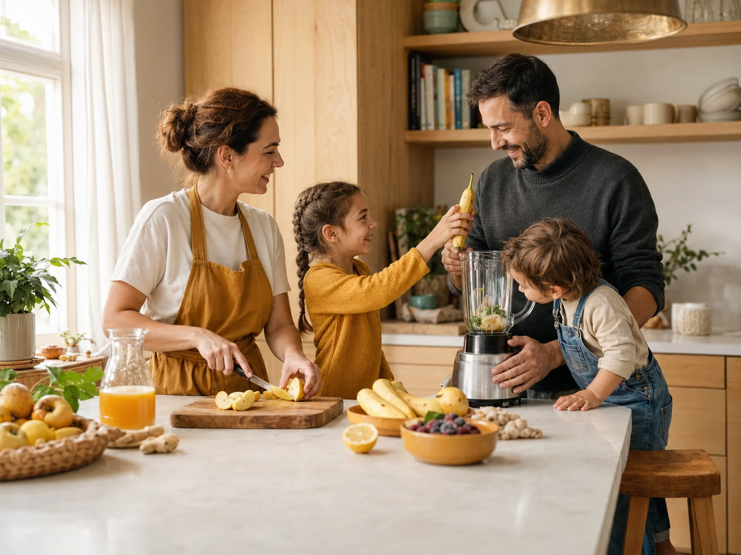 Familie de patru făcând smoothie împreună în bucătărie, ritual de sănătate