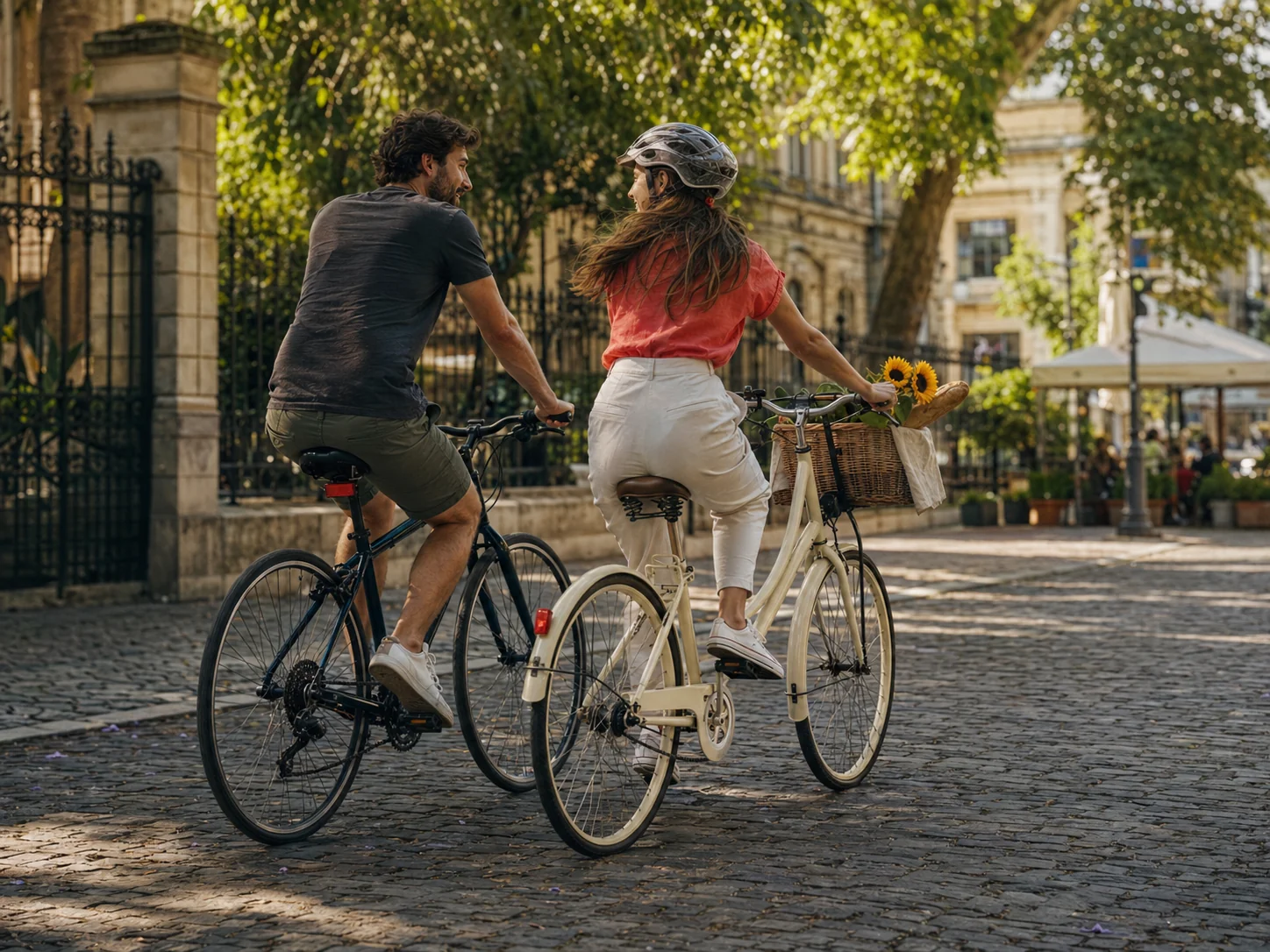 Cuplu tânăr pe biciclete pe bulevard cobblestone București, mișcare ușoară