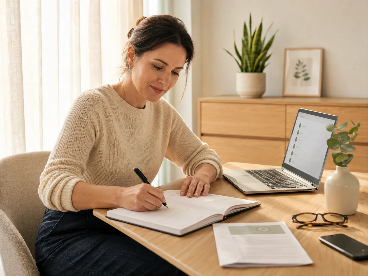 Elena, 42 ani, notează datele programărilor în agendă, lumină caldă de dimineață
