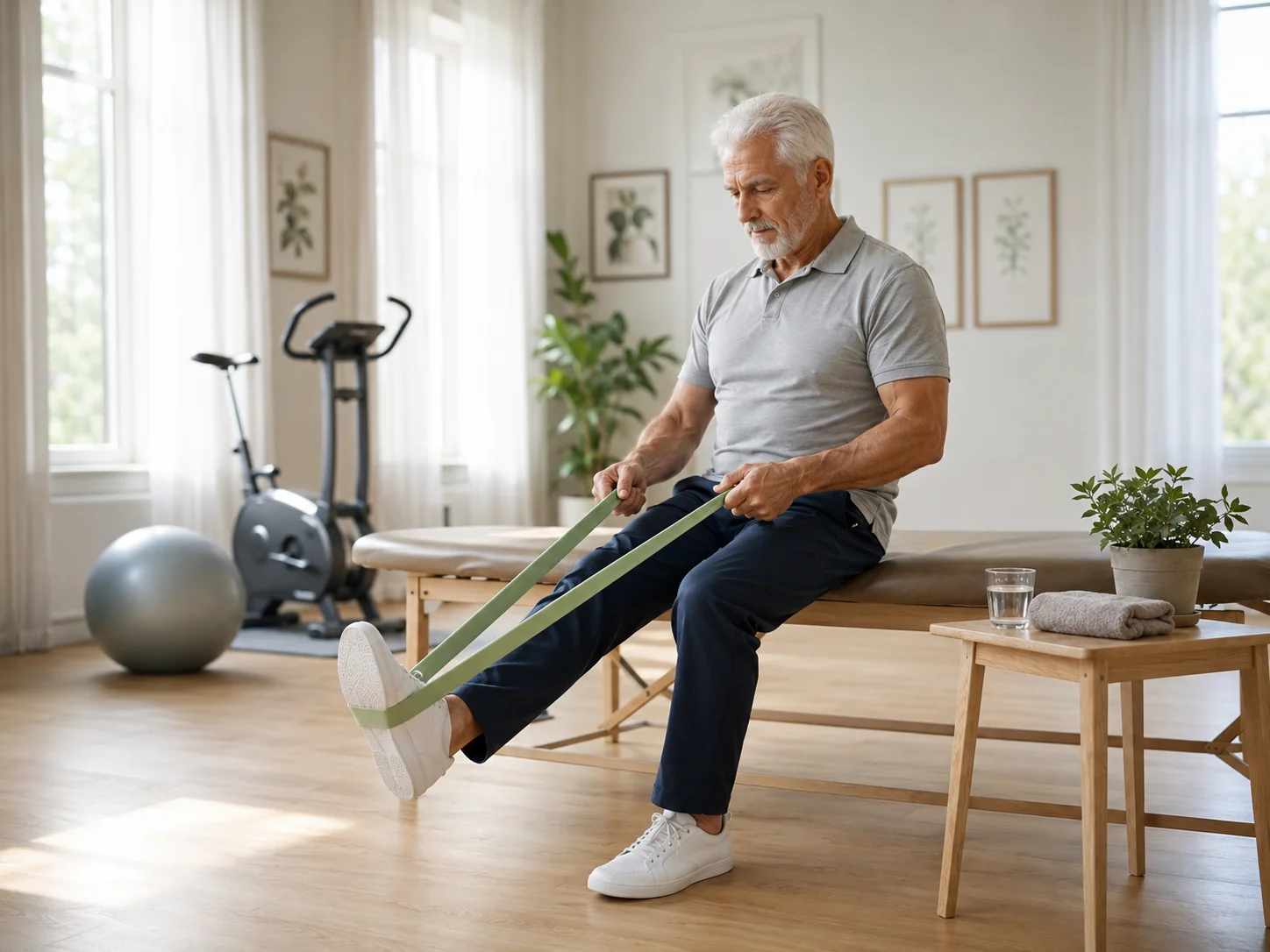 Domn senior face fizioterapie ușoară într-o sală luminoasă, mâini active pe greutate ușoară, mood calm post-recuperare