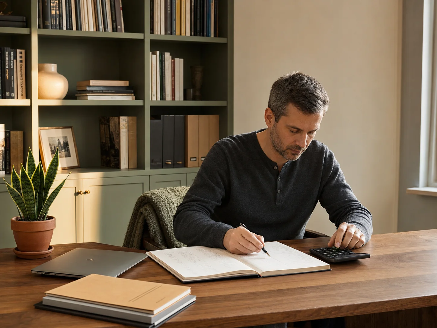 Cosmin la birou propriu lucrează cu calculatorul și ledger-ul, mâini active, bibliotecă sage în spate