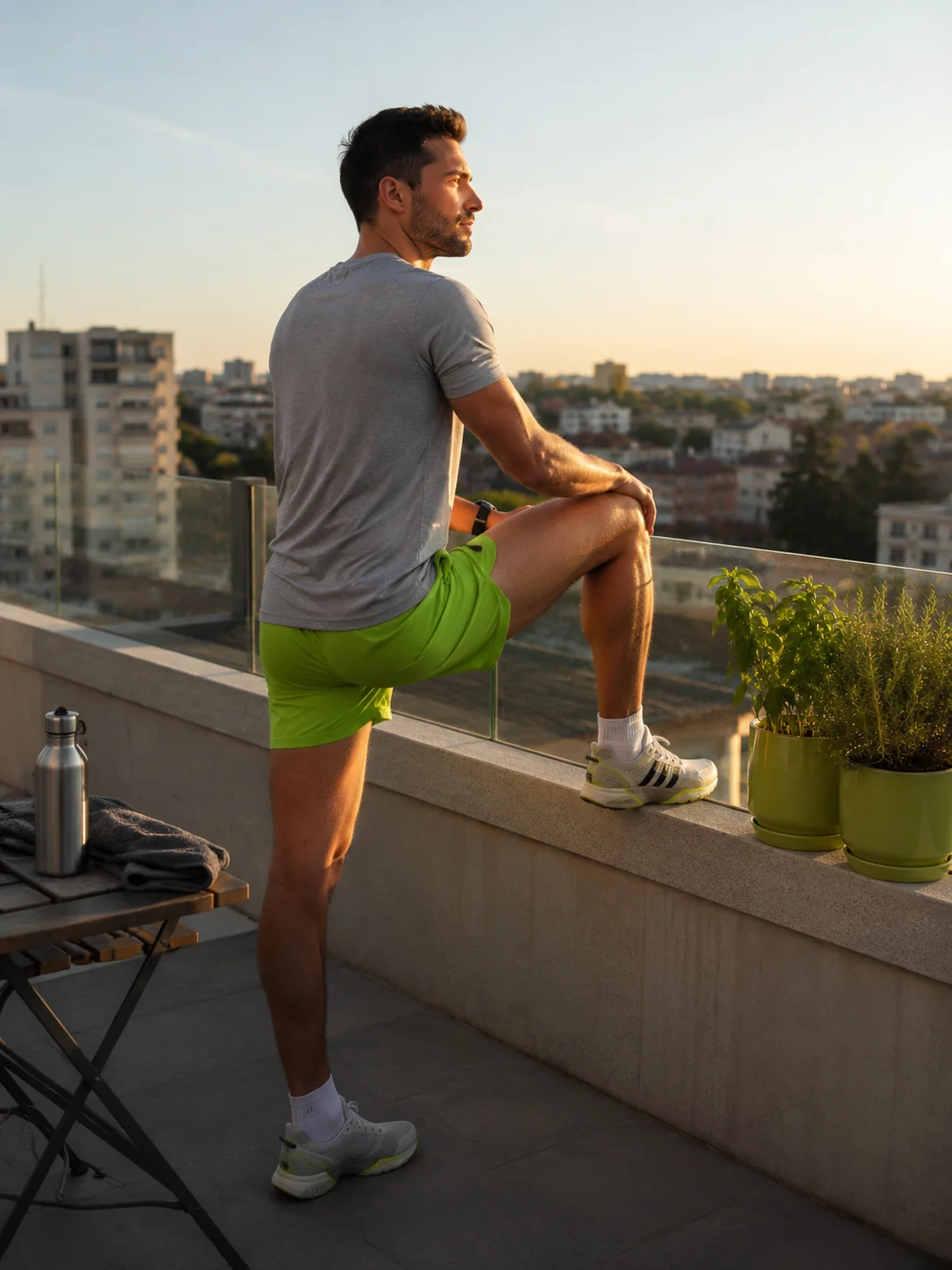 Bărbat tânăr pe balcon făcând stretching după alergare, lumină de răsărit — Activ abonamed