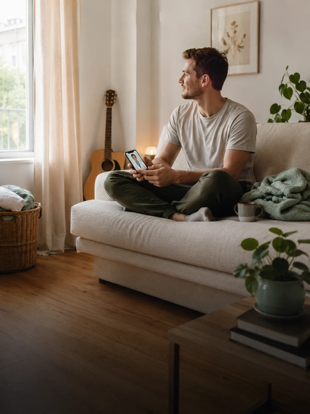 Familie tânără în living luminos, dimineață caldă — Abonament Personal Basic abonamed