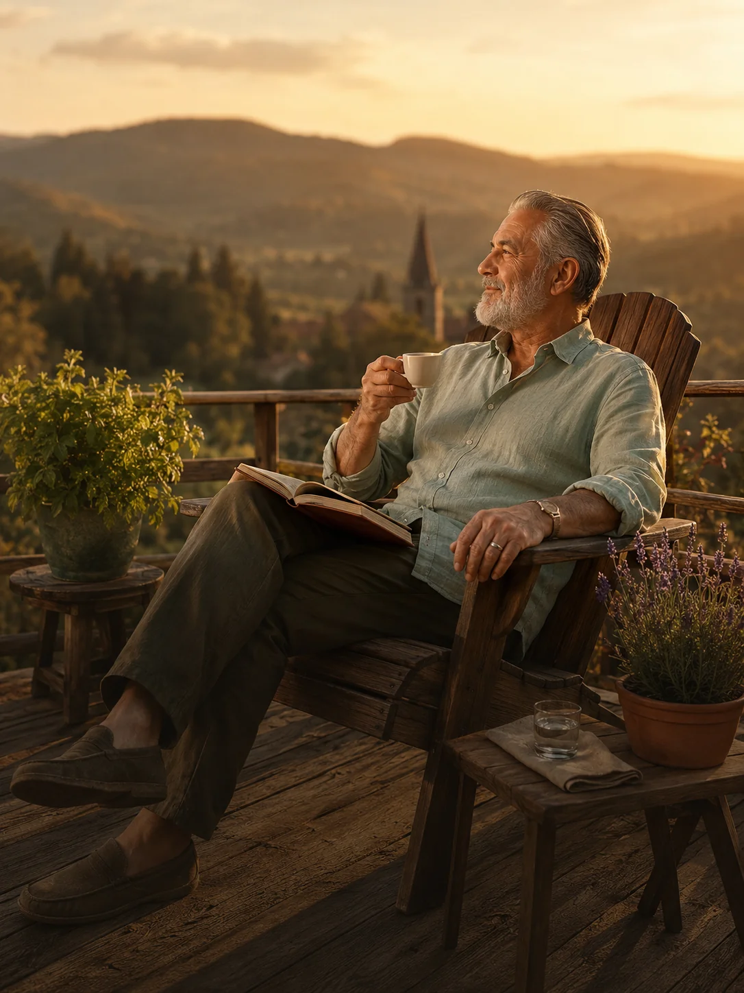 Bărbat 60 ani pe terasa rurală cu espresso, carte și dealuri Transilvania la apus — Carpathia Pilon 3 abonamed