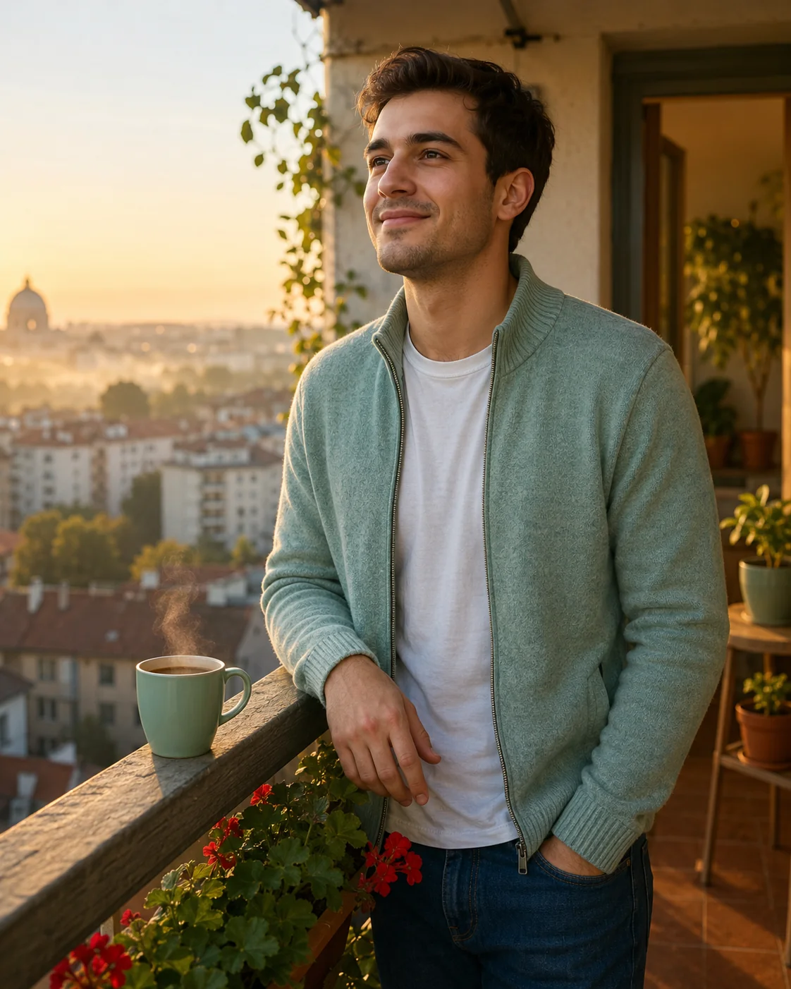Tânăr pe balcon cu cafea, lumină de răsărit — Easy Life abonamed