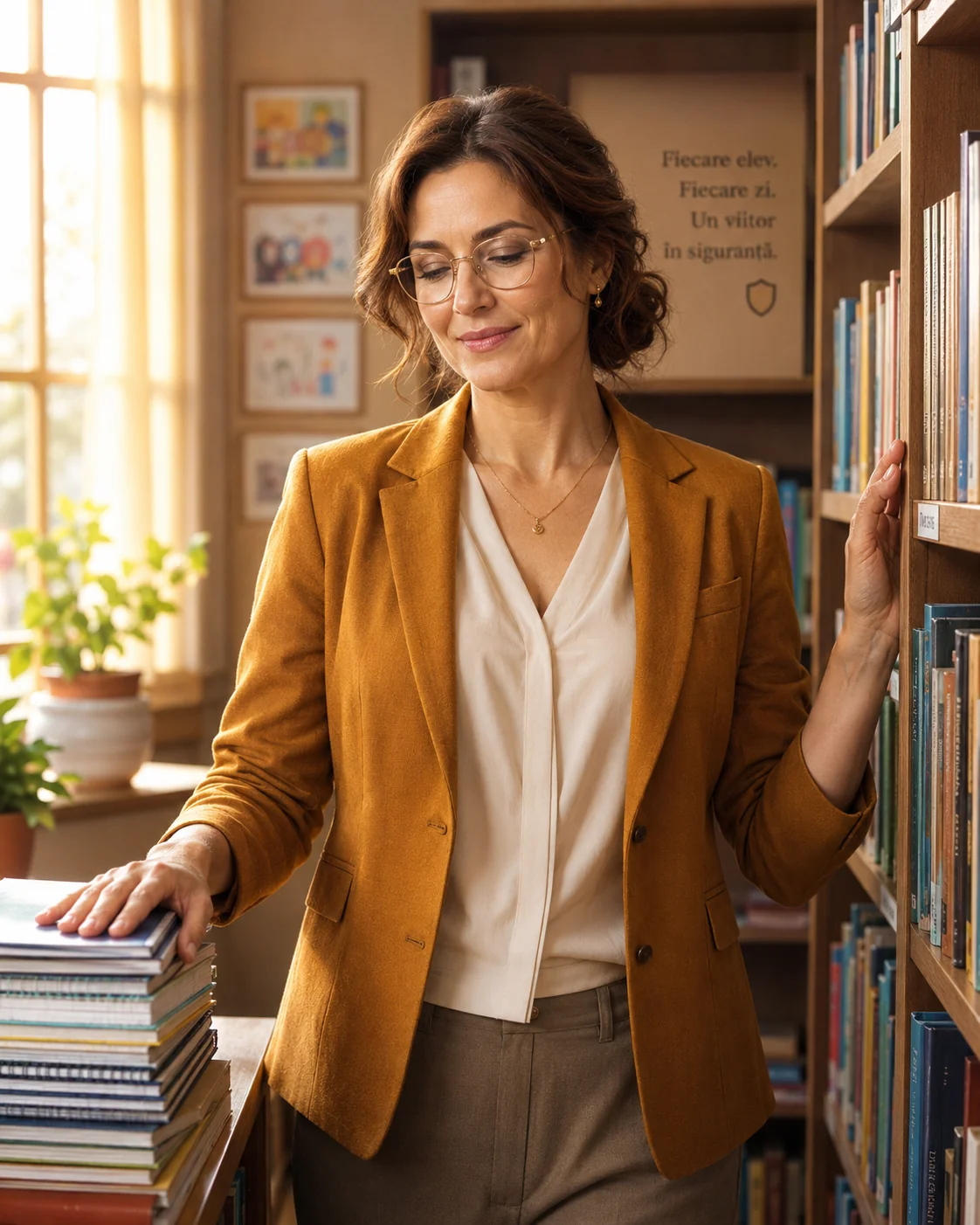 Directoare în bibliotecă școlară, lumină caldă de după-amiază, sentiment împlinit — Educational Asig Forte abonamed