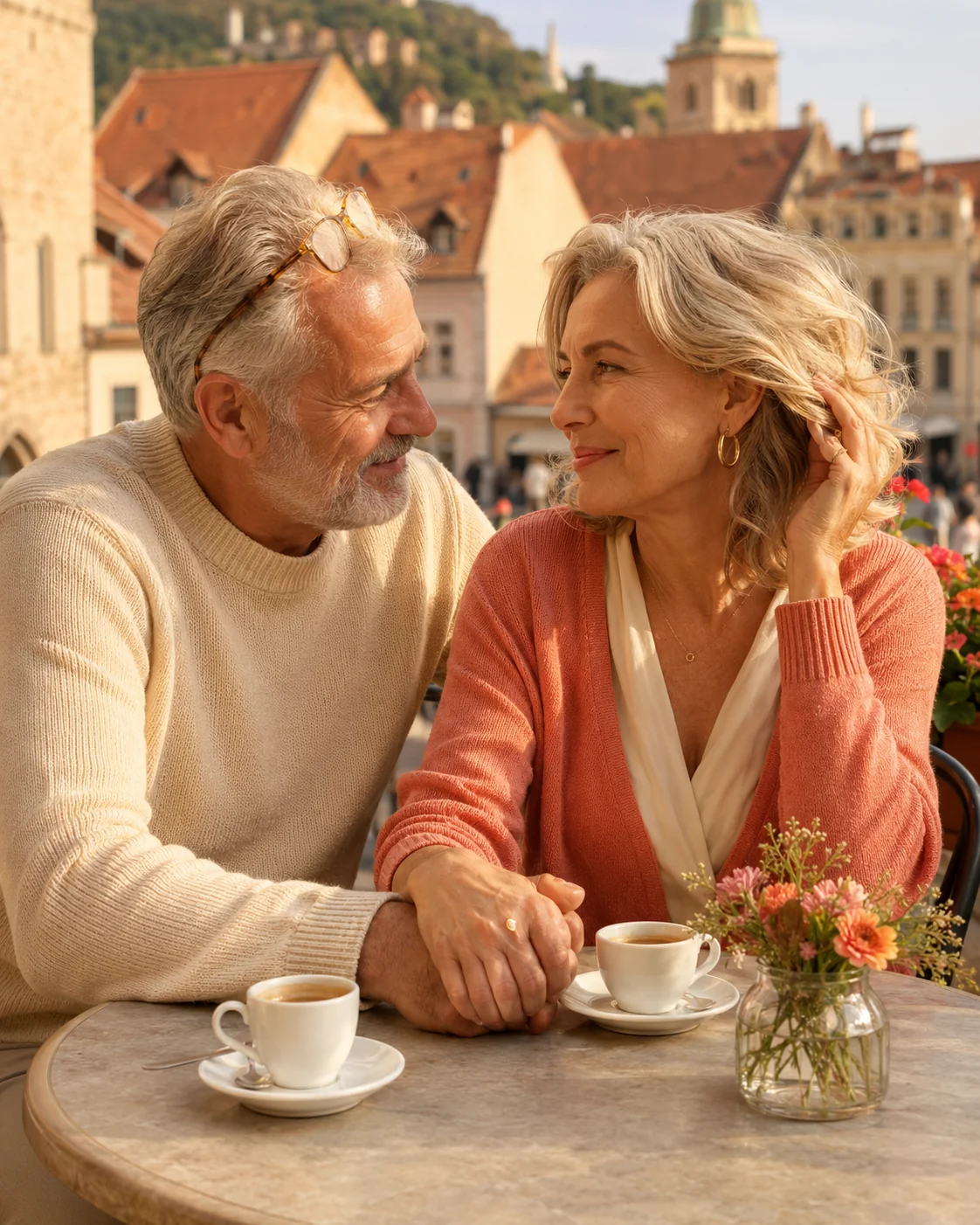 Cuplu senior la cafenea pe terasă Mediteraneană, espresso și lumină caldă — FamilyCare Senior abonamed