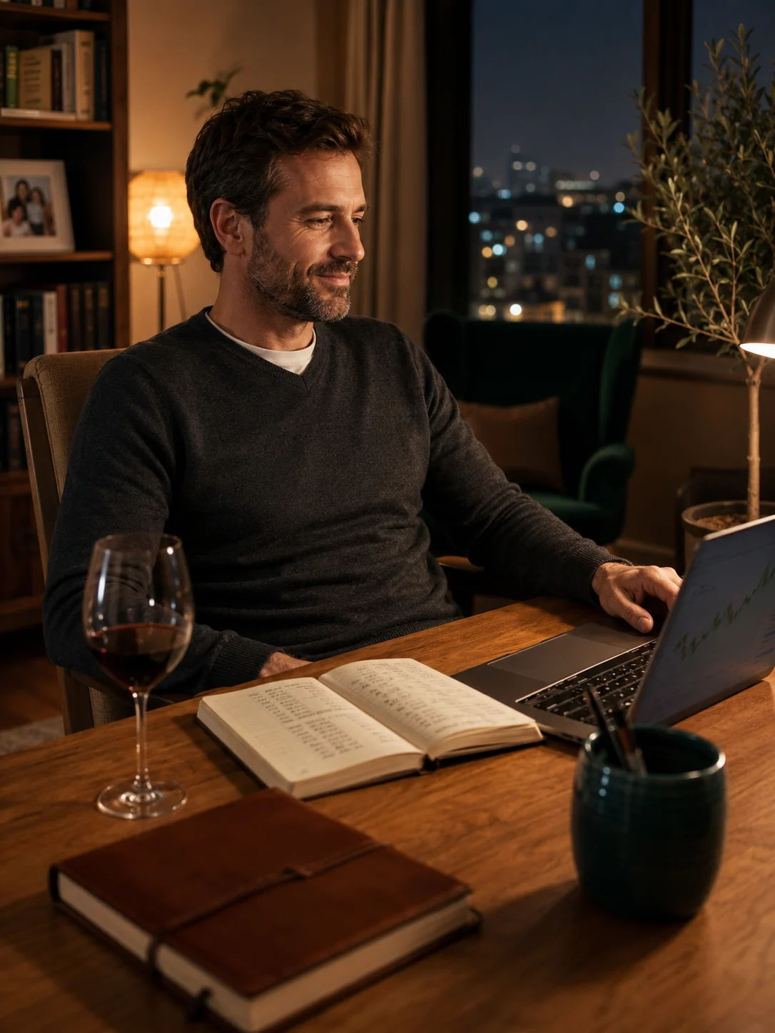 Bărbat la home office seara cu laptop și agendă, oraș nocturn pe geam — Global Forte abonamed