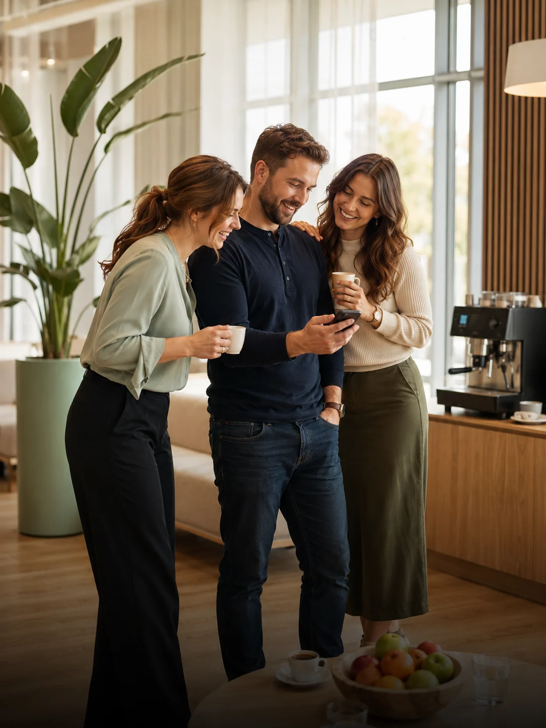 Echipă mică de trei colegi într-un break room modern, planta Strelitzia, atmosferă colegială — GrupMED Affidea abonamed