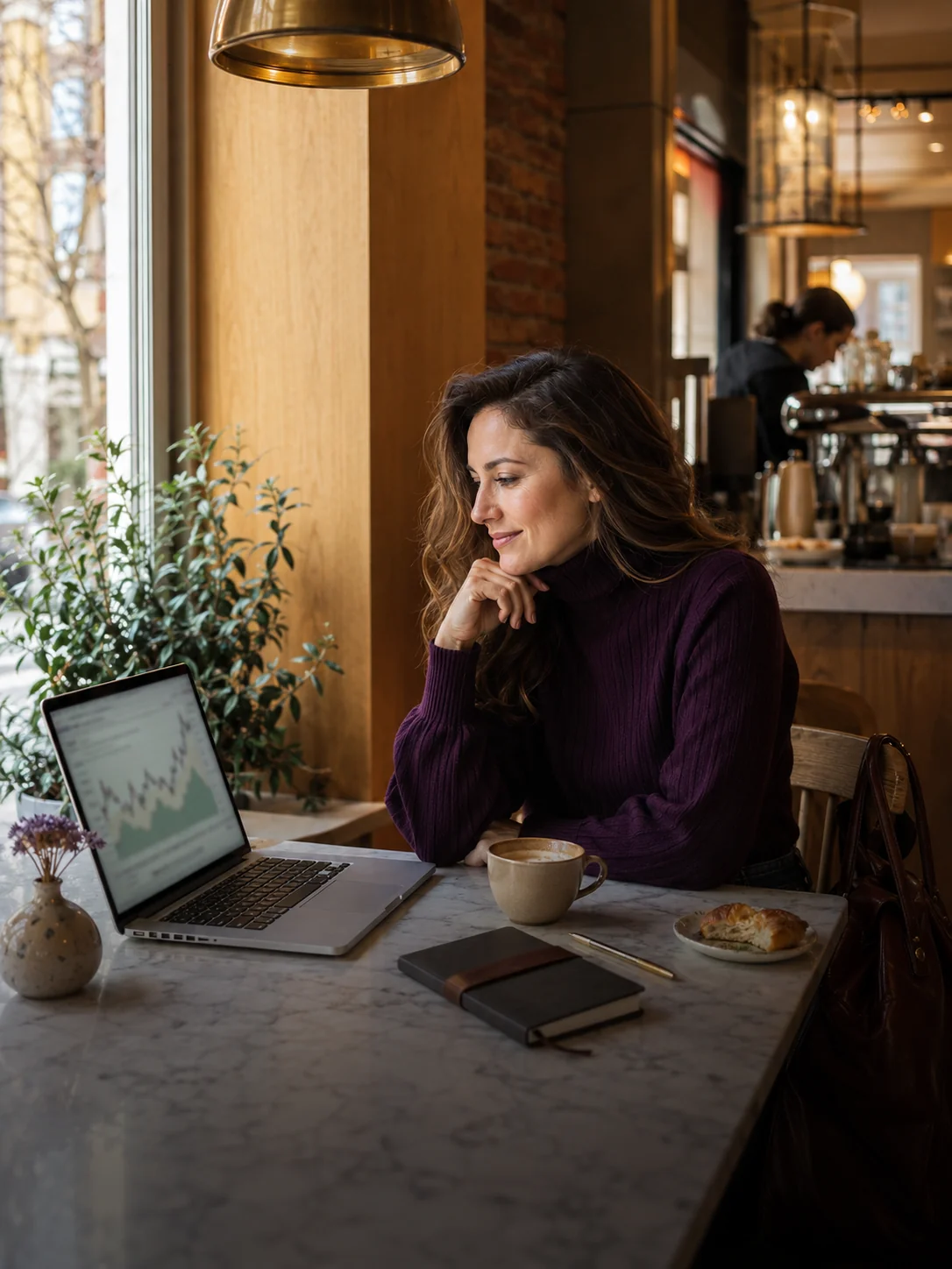 Femeie antreprenoare în cafenea cu MacBook și flat white, turtleneck plum — Max Invest abonamed