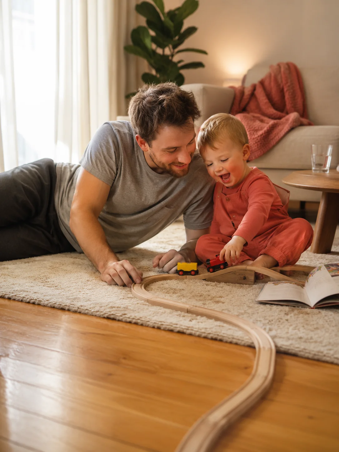 Tată cu copilul mic pe covorul din living, jucărie de lemn și tandrețe — Max Protect abonamed