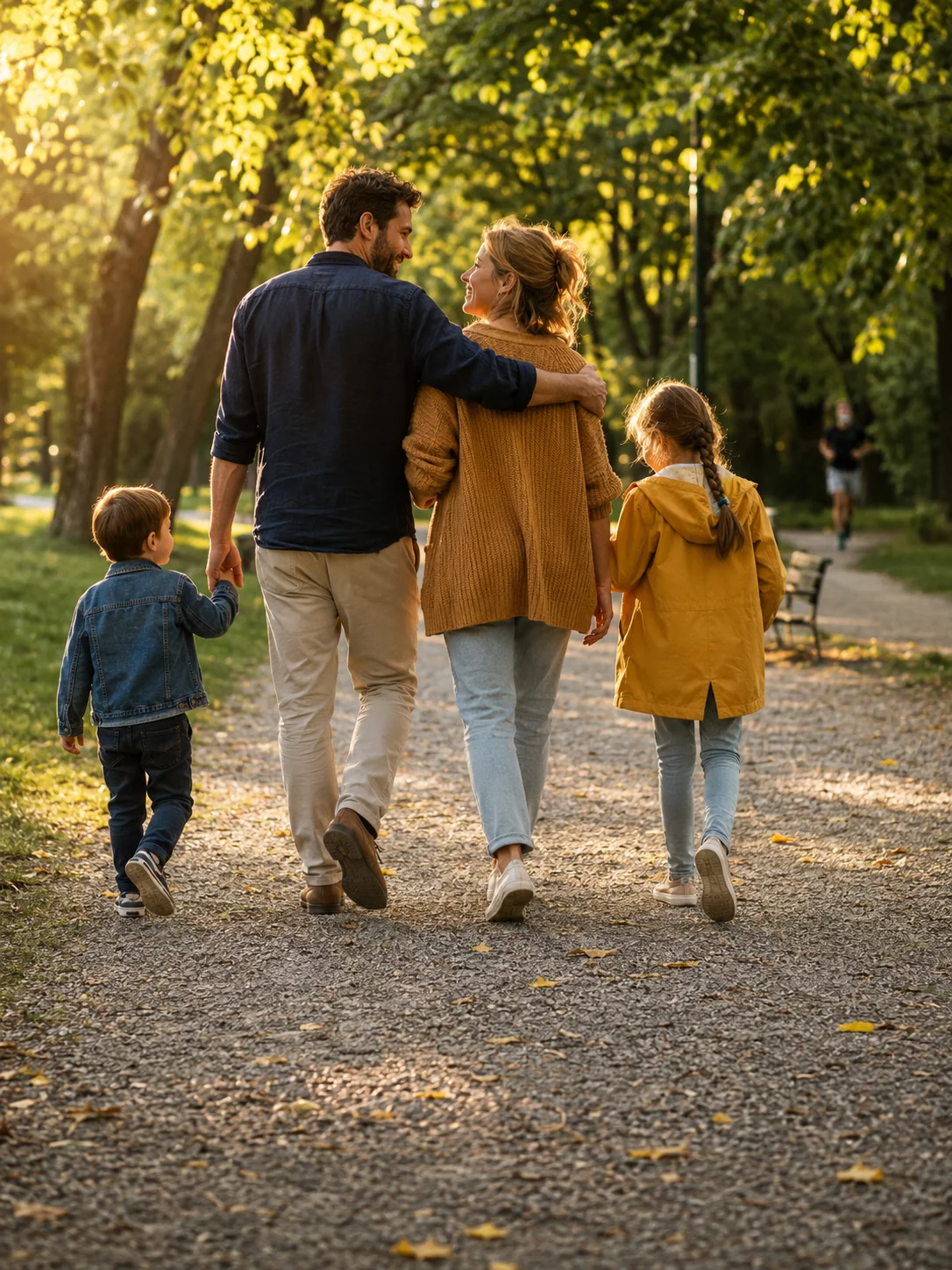 Familie de patru mergând pe alee de parc în lumină de seară — Sana Family abonamed
